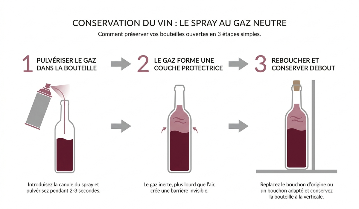 Schéma en trois étapes expliquant l'usage d'un spray de gaz neutre pour la conservation du vin : pulvérisation, formation d'une couche protectrice, rebouchage