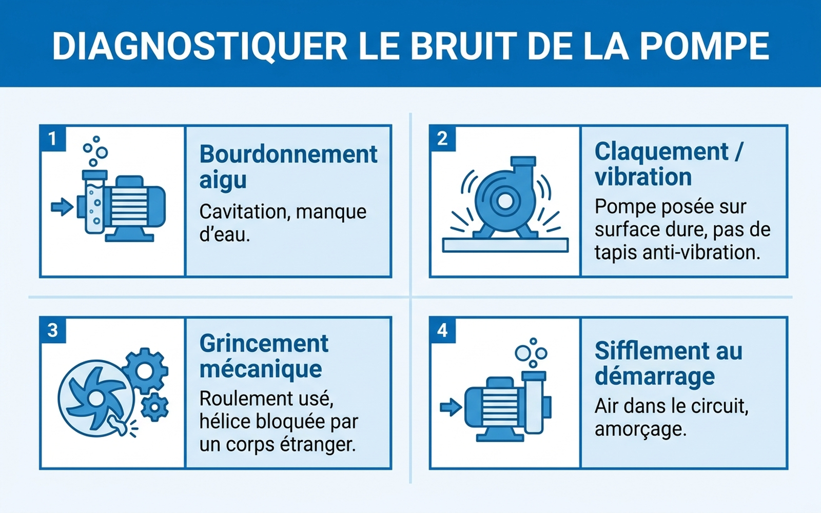 Infographie : diagnostiquer le bruit d'une pompe de piscine par type de son