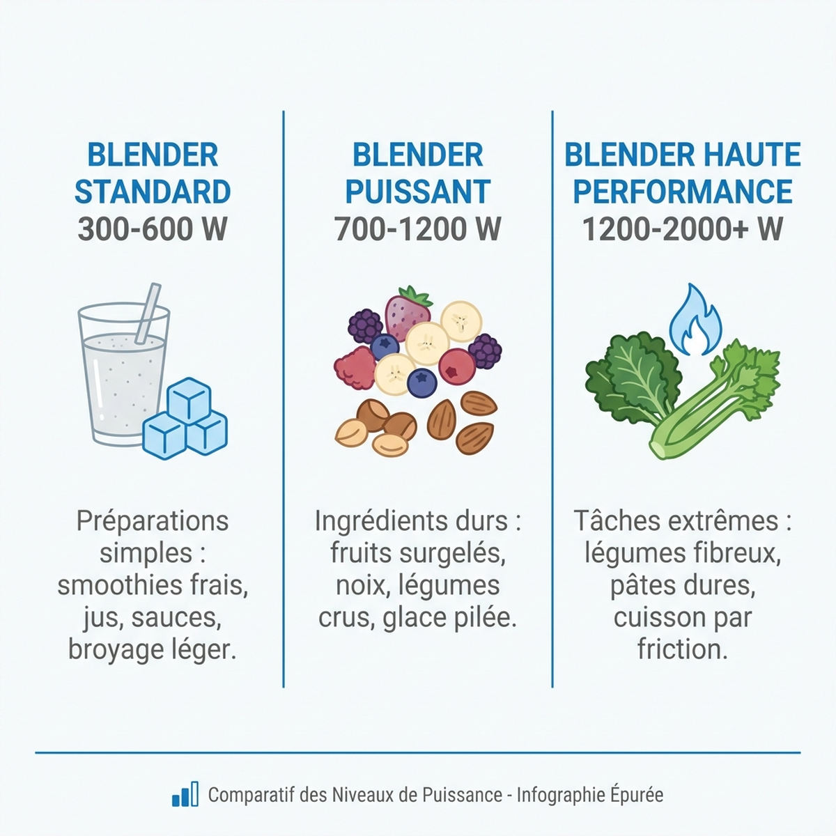 Comparatif des trois niveaux de puissance de blender