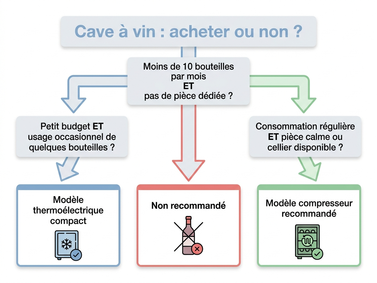 Arbre de décision pour savoir s'il faut acheter une cave à vin en appartement selon la consommation, le bruit et la pièce disponible