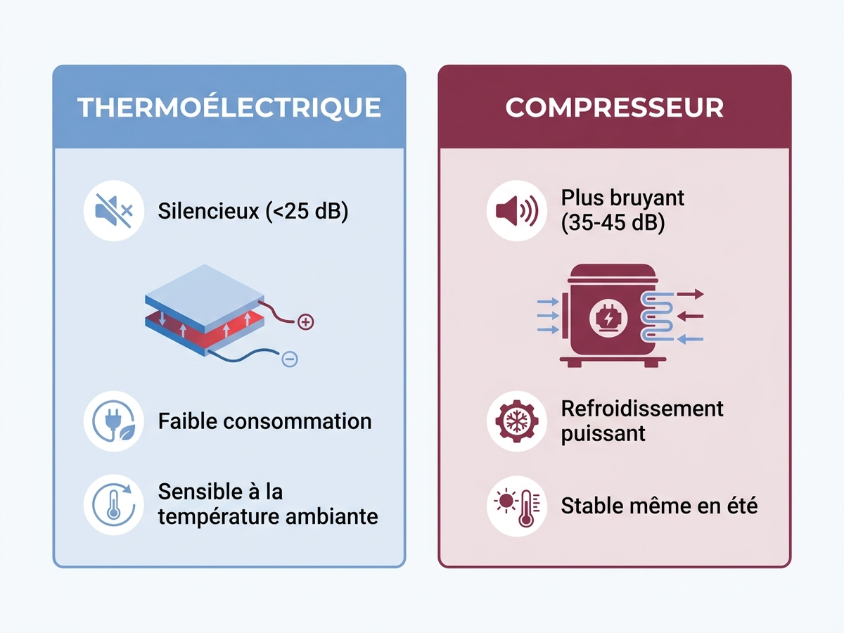 Infographie comparant les technologies thermoélectrique et compresseur pour une cave à vin : bruit, consommation et stabilité de température