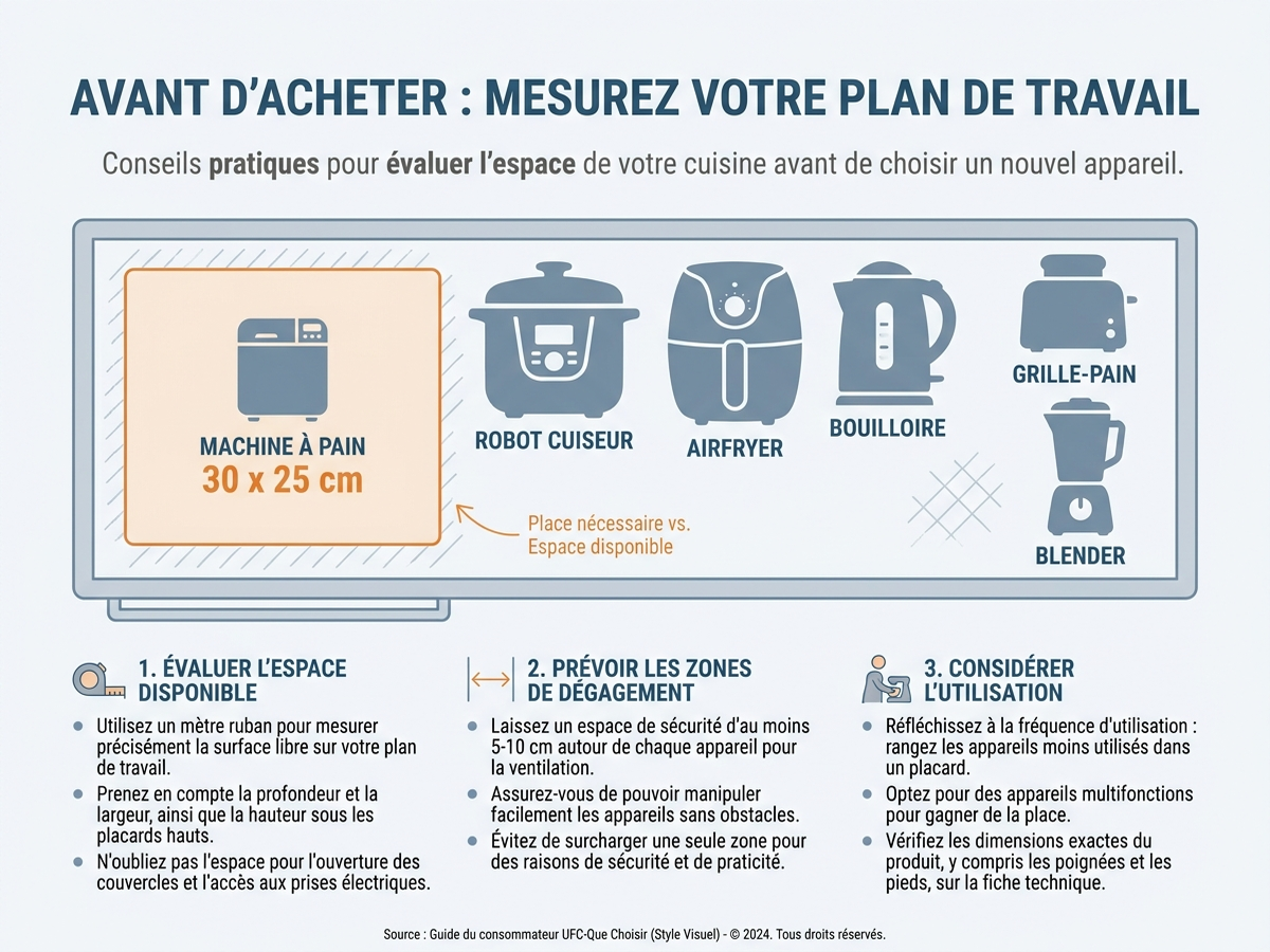 Guide illustré pour évaluer l'encombrement d'une machine à pain sur un plan de travail de petite cuisine, avant achat
