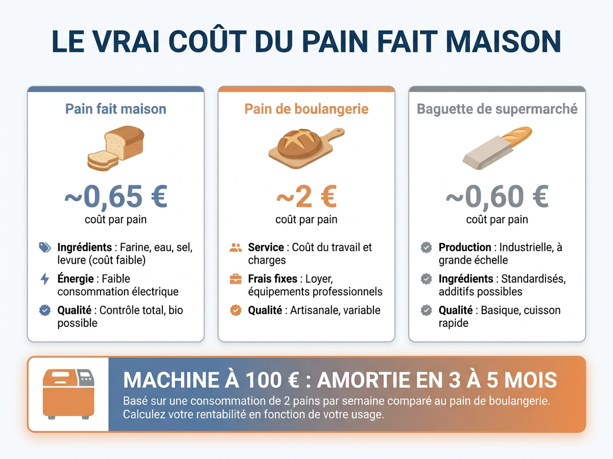 Infographie comparant le coût du pain fait maison, du pain de boulangerie et de la baguette de supermarché, avec durée d'amortissement d'une machine à pain