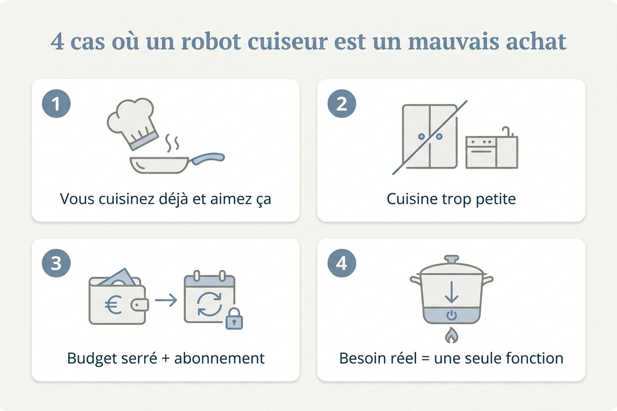 Les 4 cas où un robot cuiseur est un mauvais achat : vous cuisinez déjà, cuisine trop petite, budget serré et abonnement, besoin limité à une seule fonction