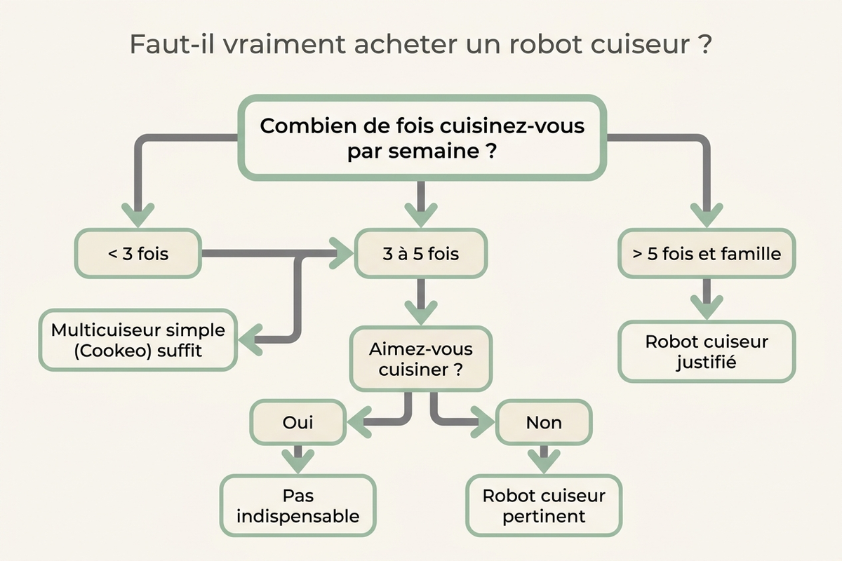 Arbre de décision pour savoir si un robot cuiseur est justifié selon la fréquence de cuisine et le plaisir de cuisiner