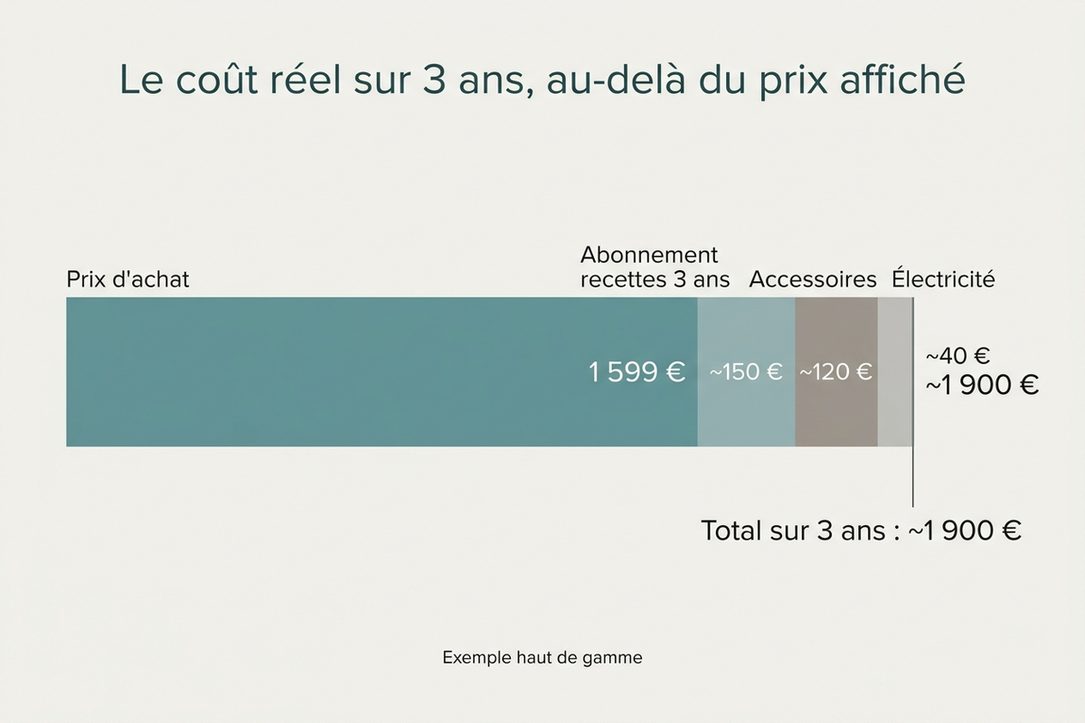 Décomposition du coût réel d'un robot cuiseur haut de gamme sur 3 ans : prix d'achat, abonnement, accessoires, électricité