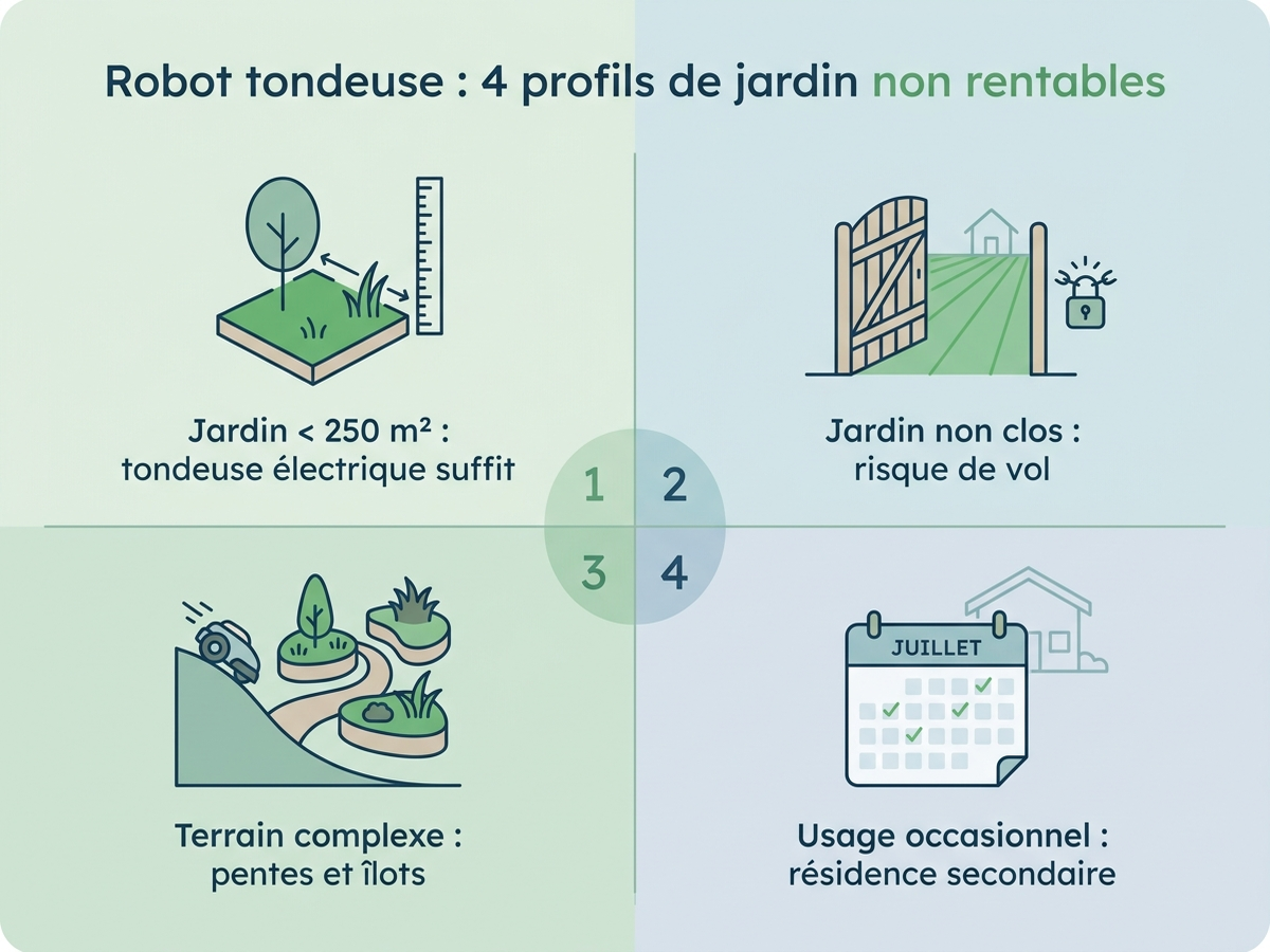 Les 4 profils de jardin où un robot tondeuse n'est pas rentable : petit jardin, terrain non clos, terrain complexe, usage occasionnel