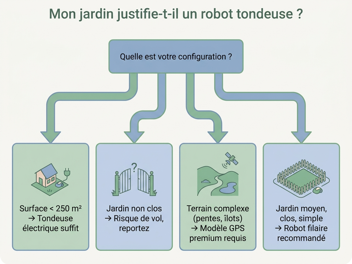 Arbre de décision pour savoir si un robot tondeuse est justifié selon la surface, la clôture et la complexité du terrain