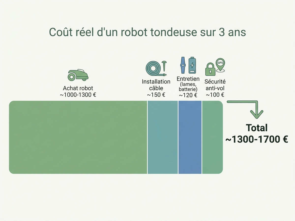 Décomposition du coût réel d'un robot tondeuse sur 3 ans selon la configuration : achat, installation câble, sécurité anti-vol, entretien