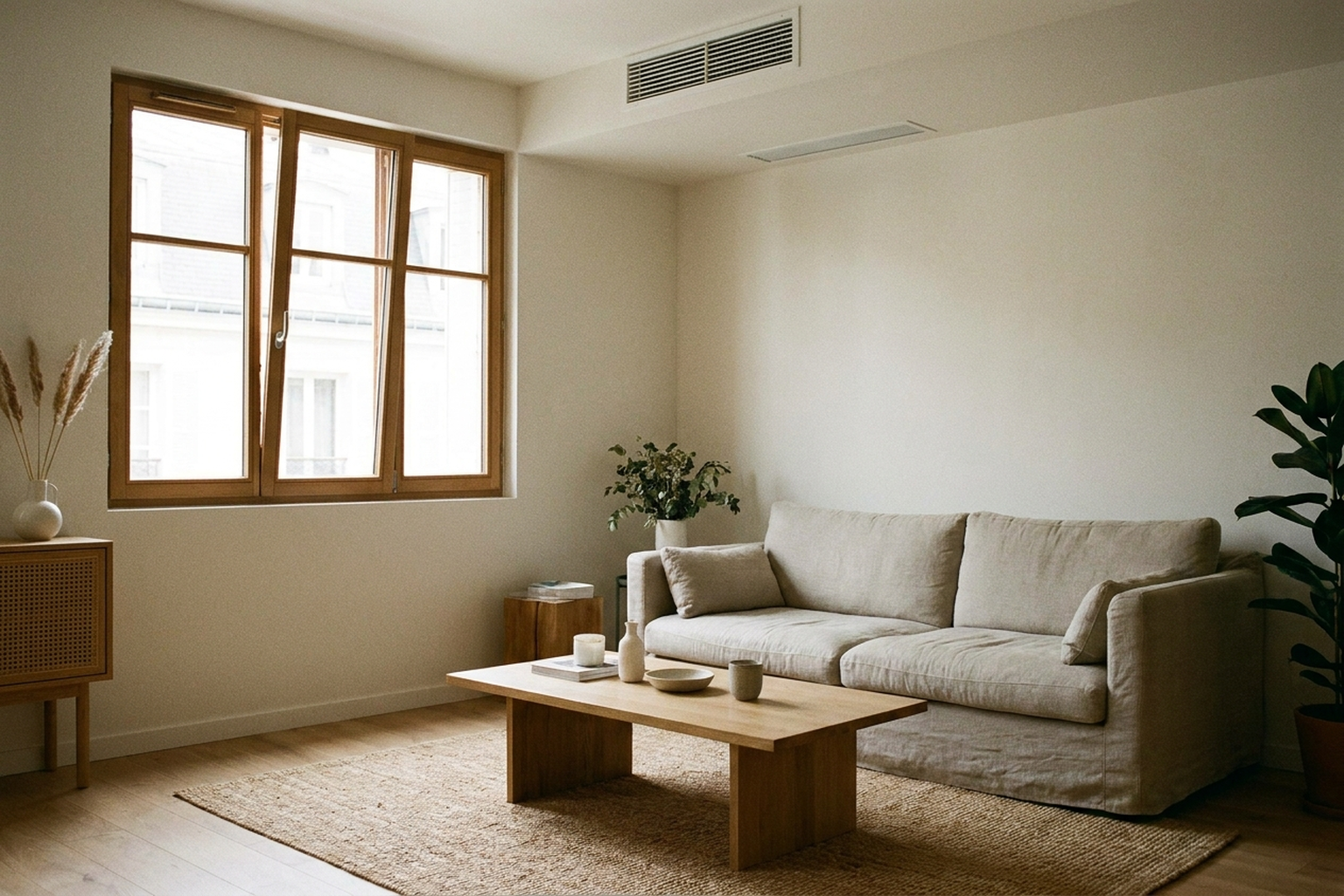 Séjour d'un petit appartement rénové avec une fenêtre entrouverte et une grille de ventilation visible au plafond