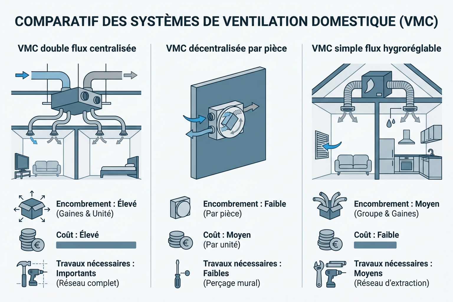 Infographie comparant VMC double flux centralisée, VMC double flux décentralisée pièce par pièce et VMC simple flux hygroréglable sur l'encombrement, le coût et les travaux nécessaires