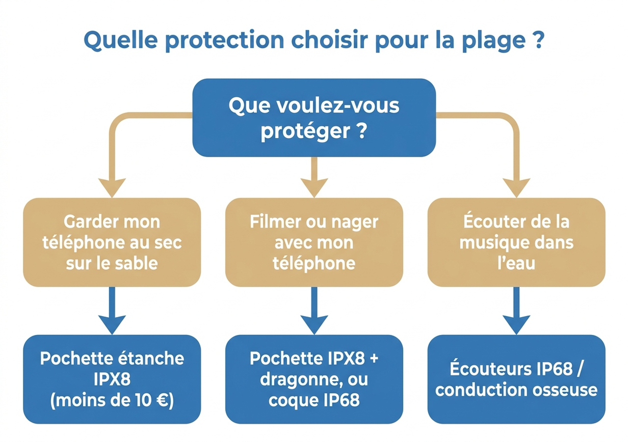 Arbre de décision : quelle protection choisir pour la plage selon que l'on veut garder le téléphone au sec, filmer/nager, ou écouter de la musique dans l'eau
