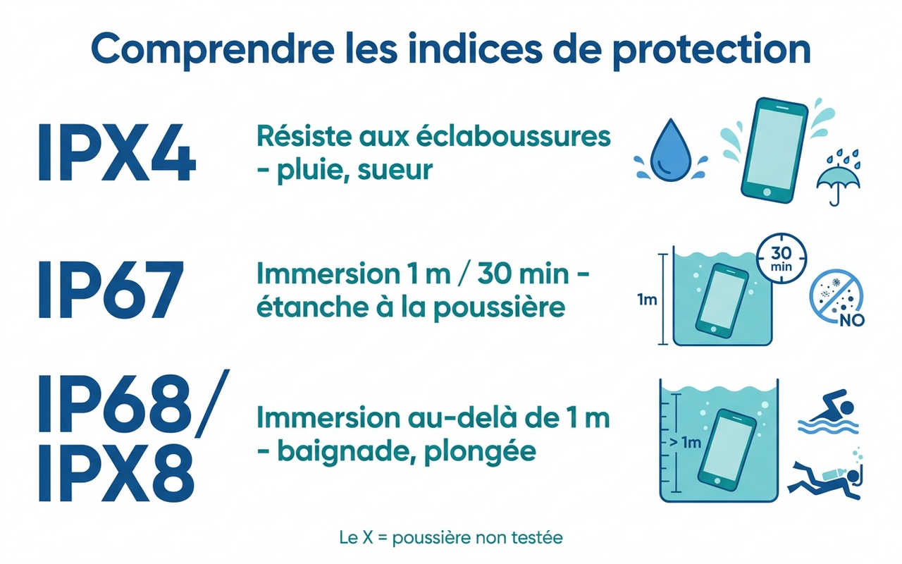 Infographie expliquant les indices de protection IPX4, IP67 et IP68/IPX8 selon la norme IEC 60529