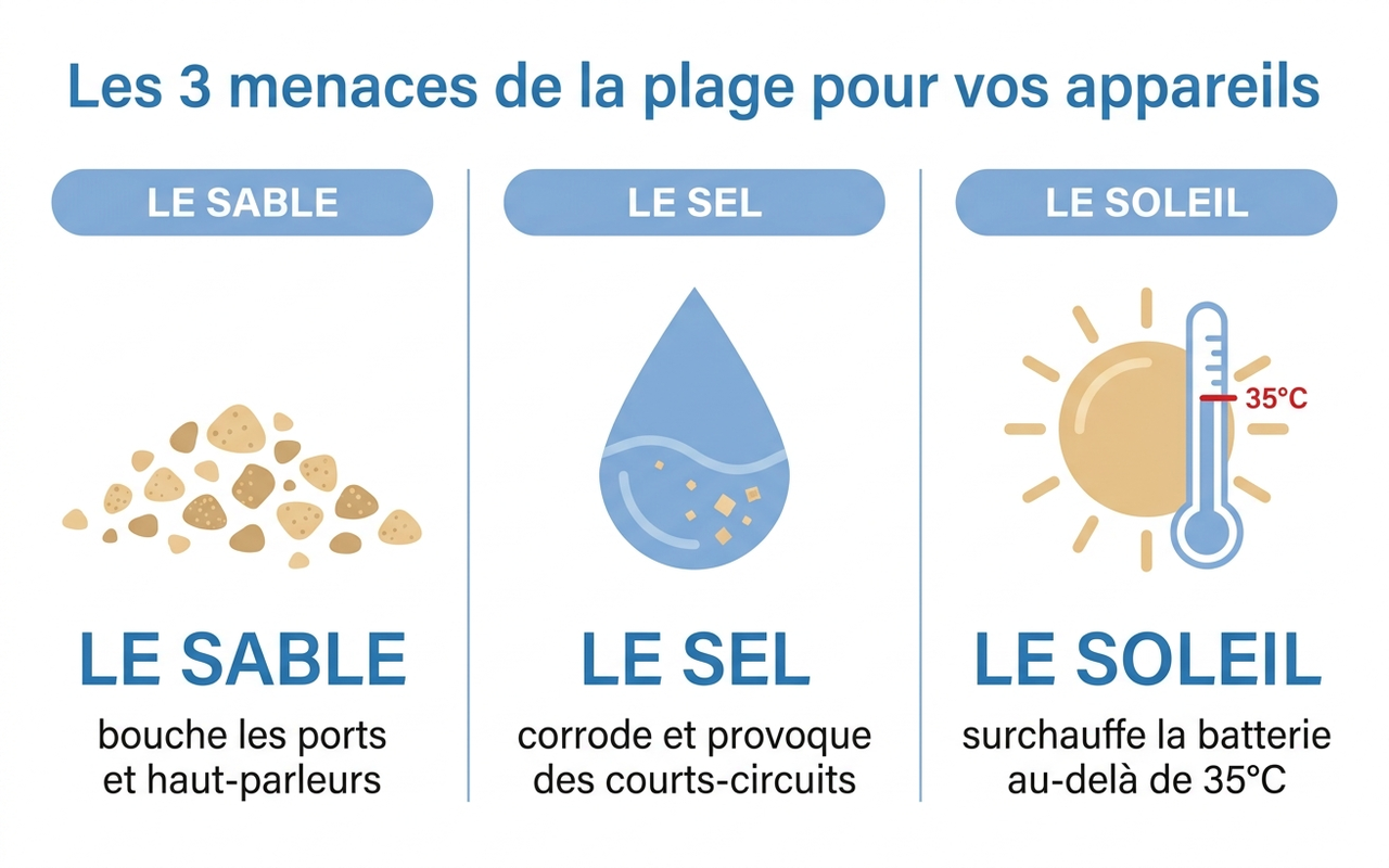 Infographie des trois menaces de la plage pour vos appareils : le sable, le sel et le soleil