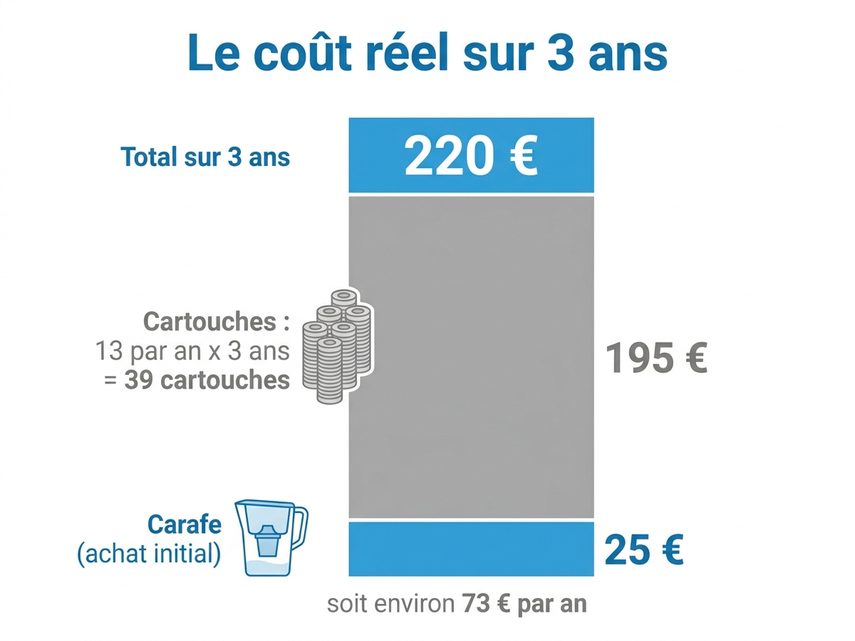 Décomposition du coût réel d'une carafe filtrante sur 3 ans