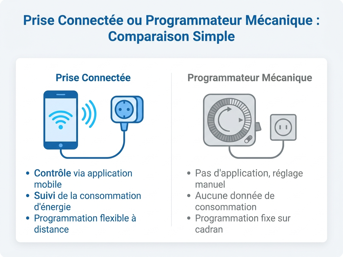 Schéma comparant prise connectée Wi-Fi et programmateur mécanique autonome, avantages et inconvénients de chaque approche