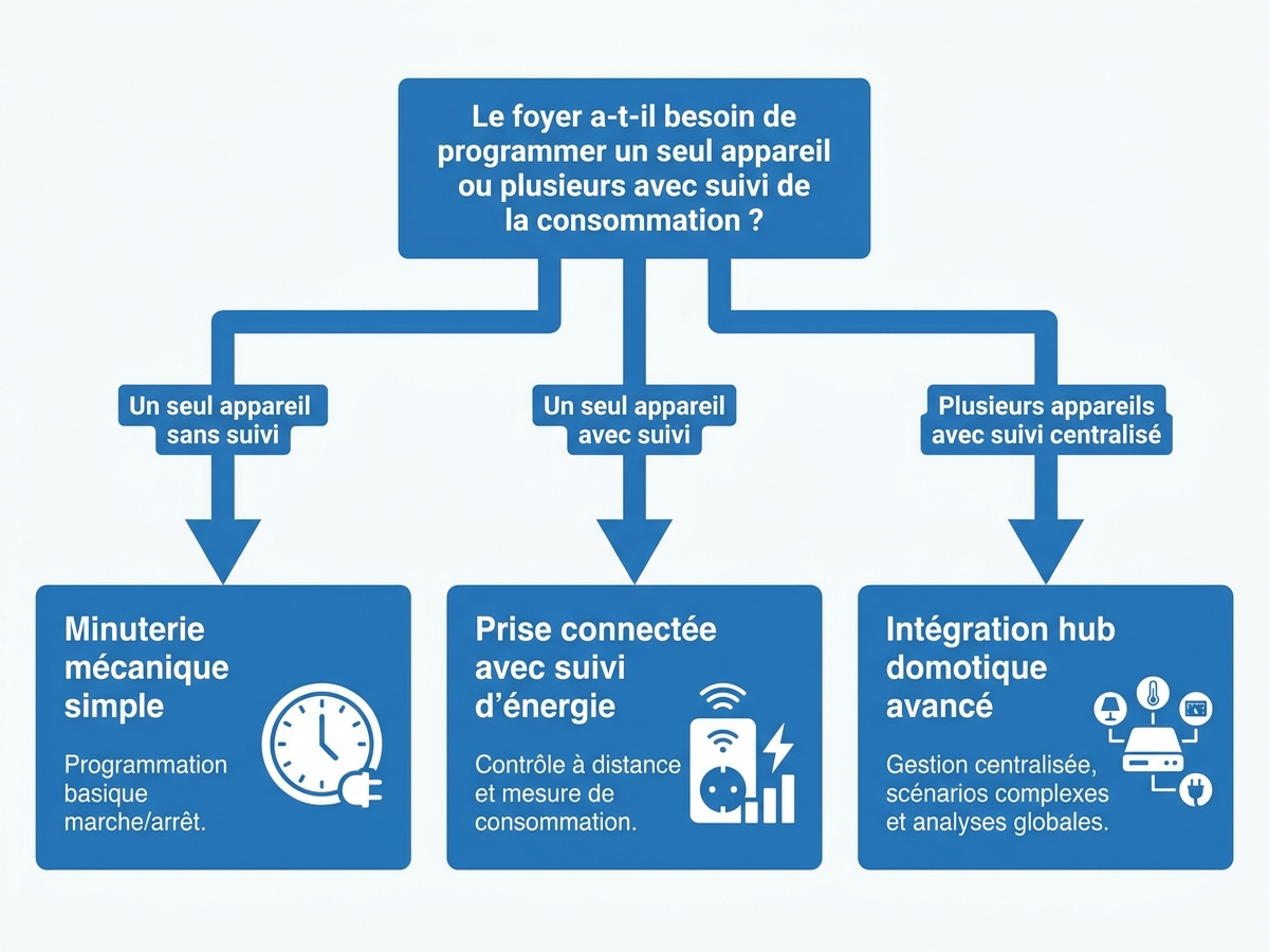 Arbre de décision pour choisir entre prise connectée et programmateur mécanique selon le nombre d'appareils et le besoin de suivi