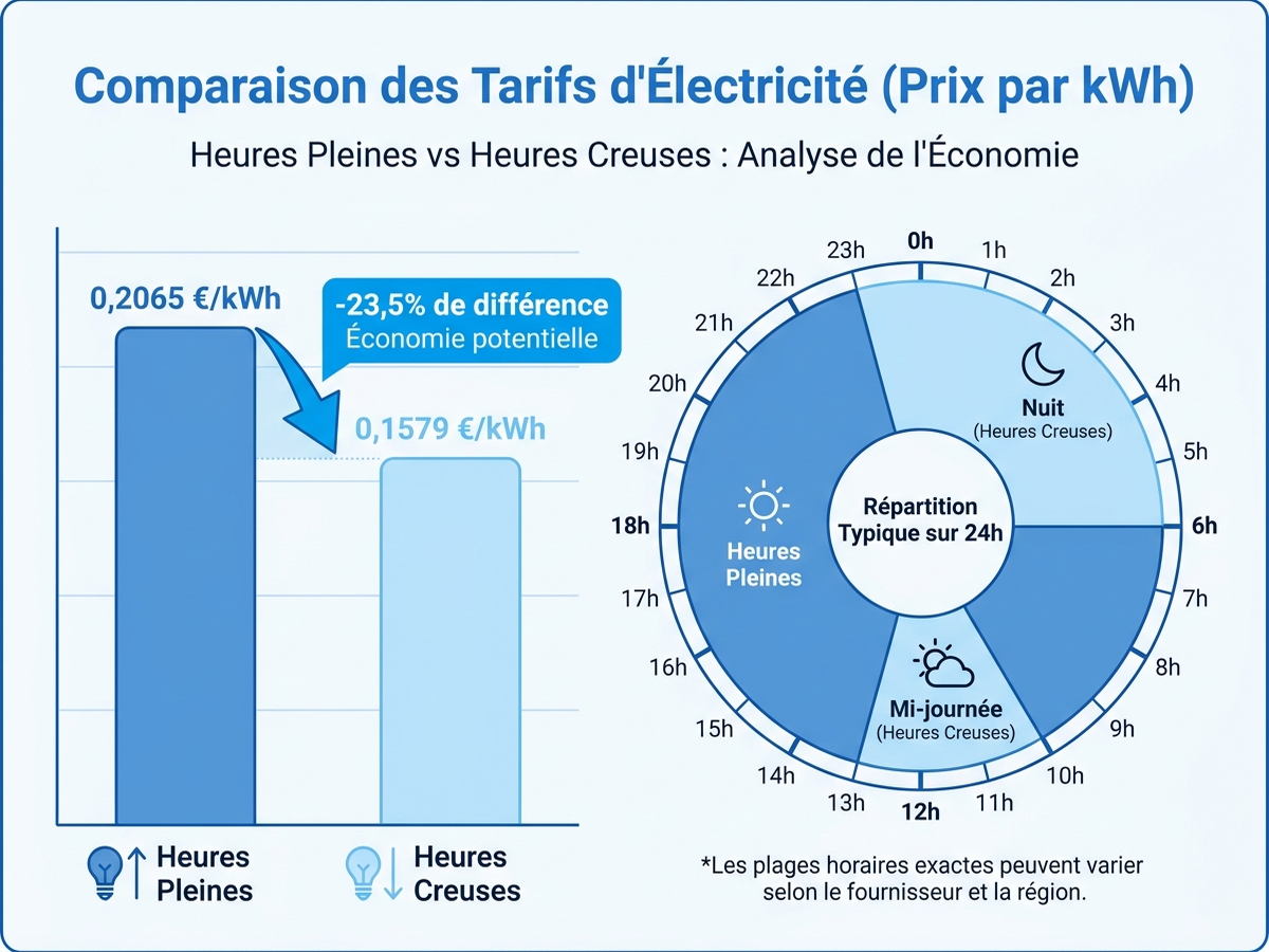 Infographie comparant le prix du kWh en heures pleines et en heures creuses avec les plages horaires types