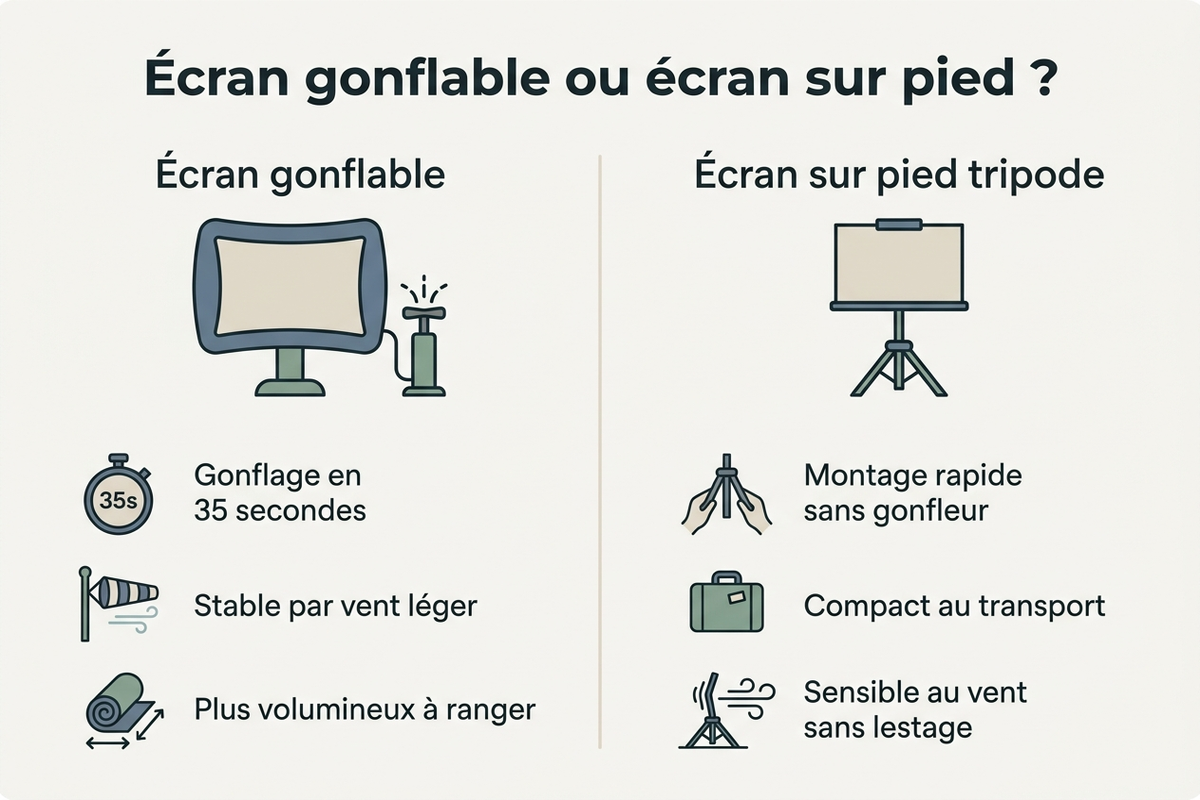 Schéma comparant l'installation d'un écran de projection gonflable et d'un écran sur pied tripode en jardin