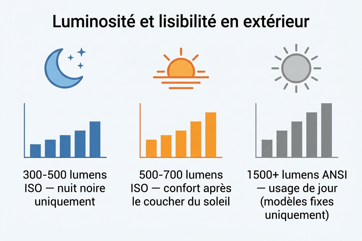 Infographie comparant la lisibilité d'une projection selon la luminosité en lumens et le moment de la soirée