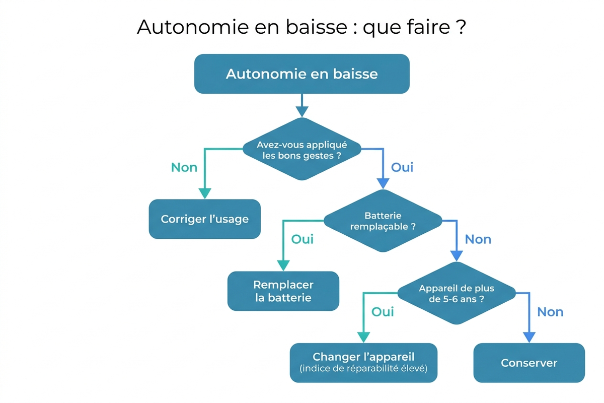 Arbre de décision : autonomie en baisse, faut-il préserver, remplacer la batterie ou changer l'appareil, selon que la batterie est remplaçable et l'âge de l'appareil