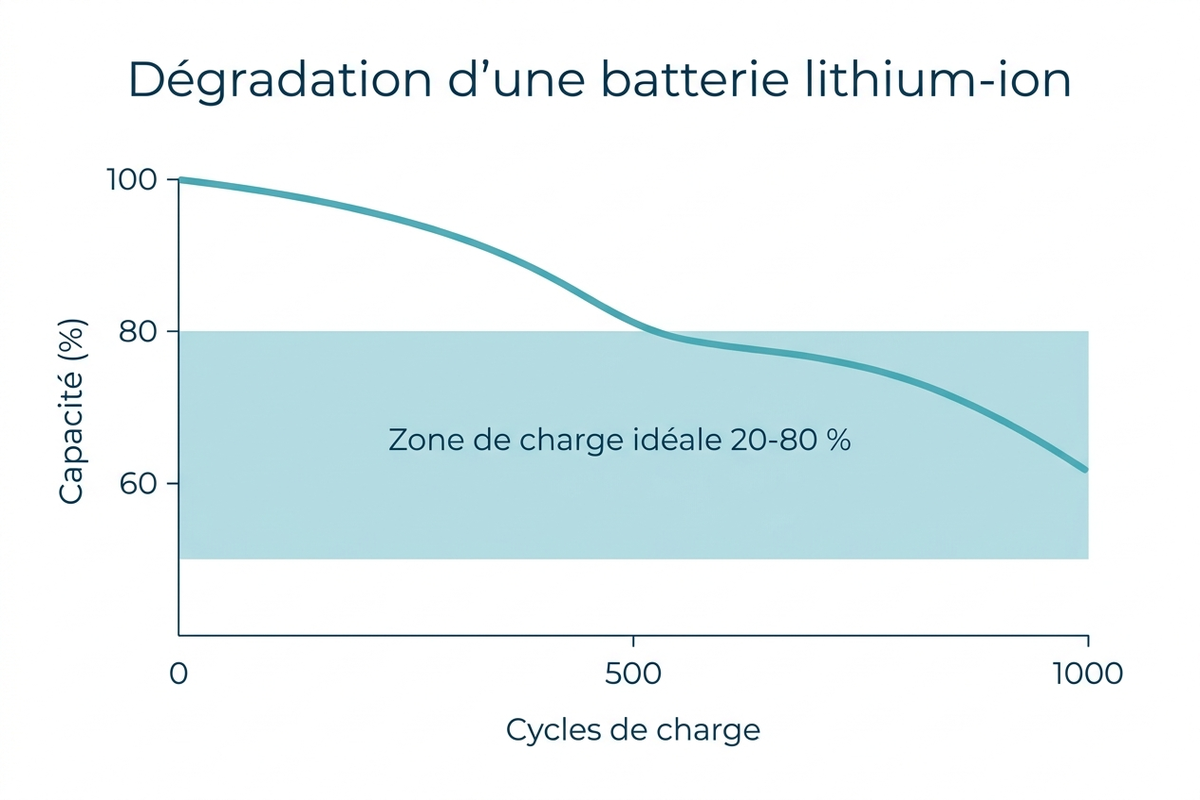 Courbe de dégradation d'une batterie lithium-ion : 100 % à l'achat, environ 80 % de capacité après 500 cycles, déclin progressif au-delà, avec la zone de charge idéale 20-80 % mise en évidence