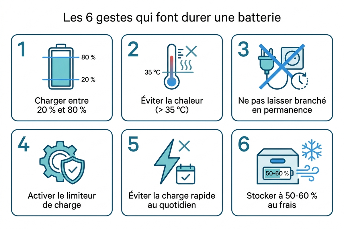 Six gestes pour prolonger la batterie : charger entre 20 et 80 pour cent, éviter la chaleur au-dessus de 35 degrés, ne pas laisser branché en permanence, activer le limiteur de charge intégré, éviter la charge rapide au quotidien, stocker à 50-60 pour cent au frais