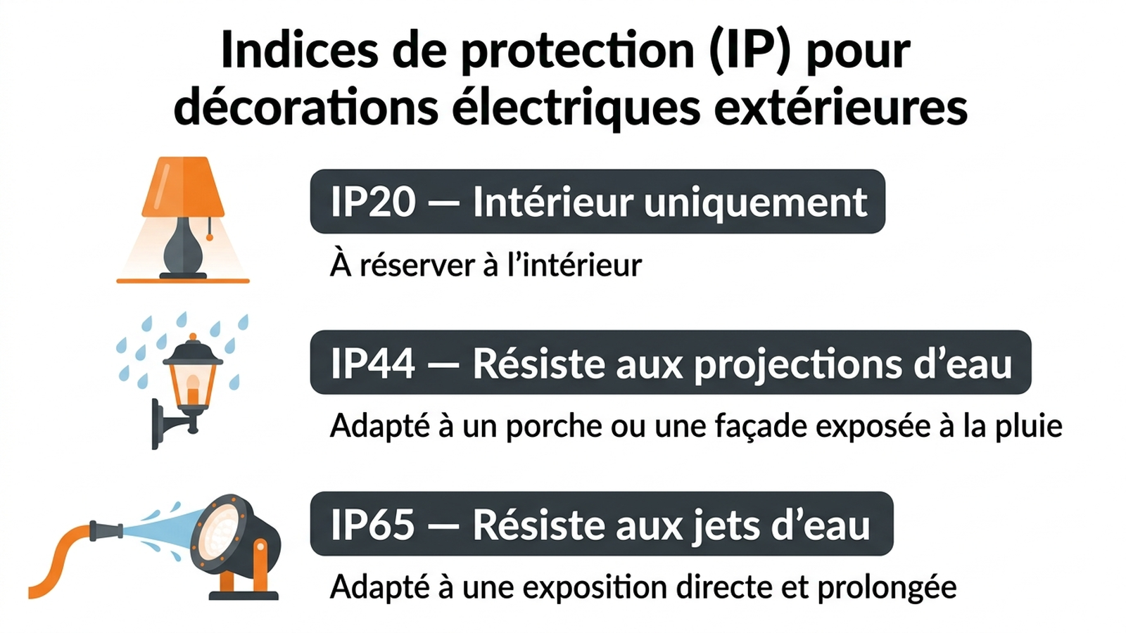 Tableau comparatif des indices de protection IP pour guirlandes et décorations électriques extérieures : IP20 intérieur uniquement, IP44 résistant aux projections d'eau, IP65 résistant aux jets d'eau, avec usage recommandé pour chaque niveau