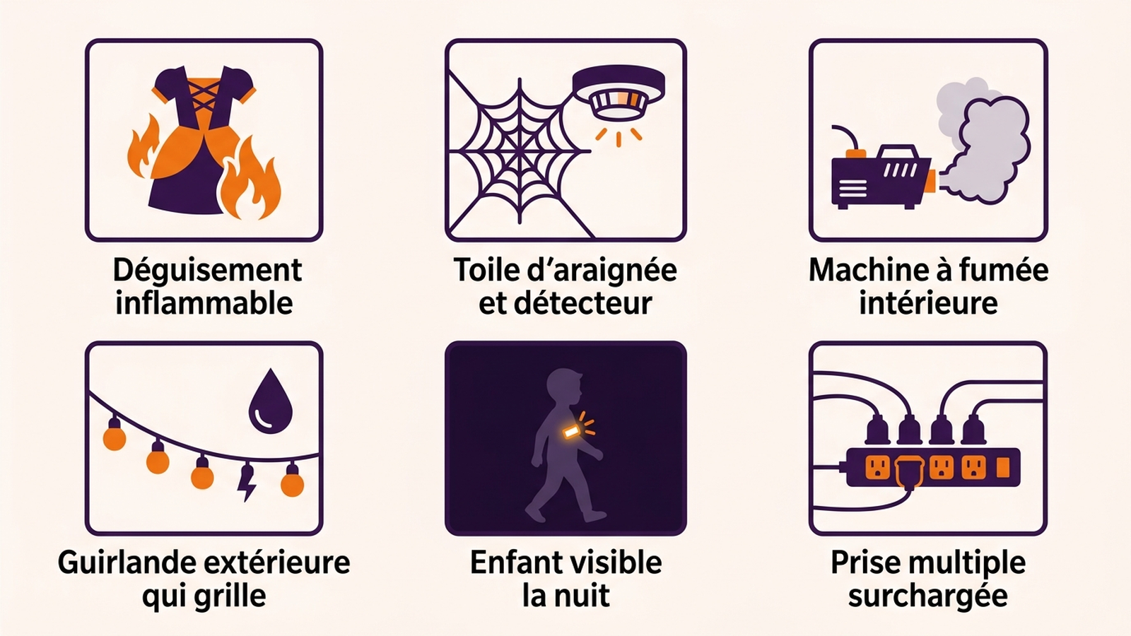 Grille de 6 questions étranges d'Halloween posées à l'assistant d'achat, en tuiles avec pictogrammes : déguisement inflammable, toile d'araignée et détecteur de fumée, machine à fumée intérieure, guirlande extérieure qui grille, enfant visible la nuit, prise multiple surchargée
