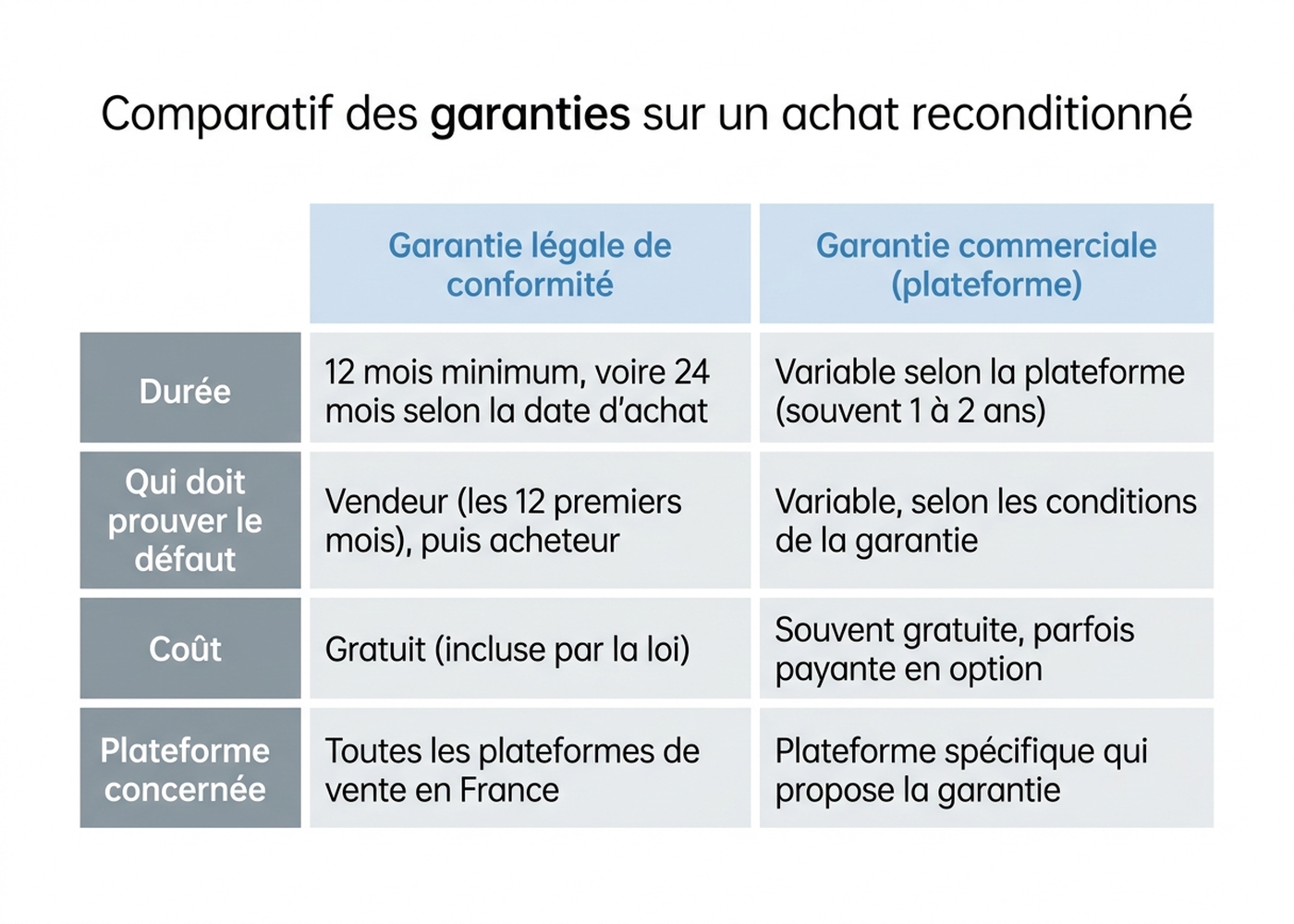 Tableau en français comparant la garantie légale de conformité et la garantie commerciale sur un achat reconditionné : durée, qui doit prouver le défaut, coût, plateforme concernée