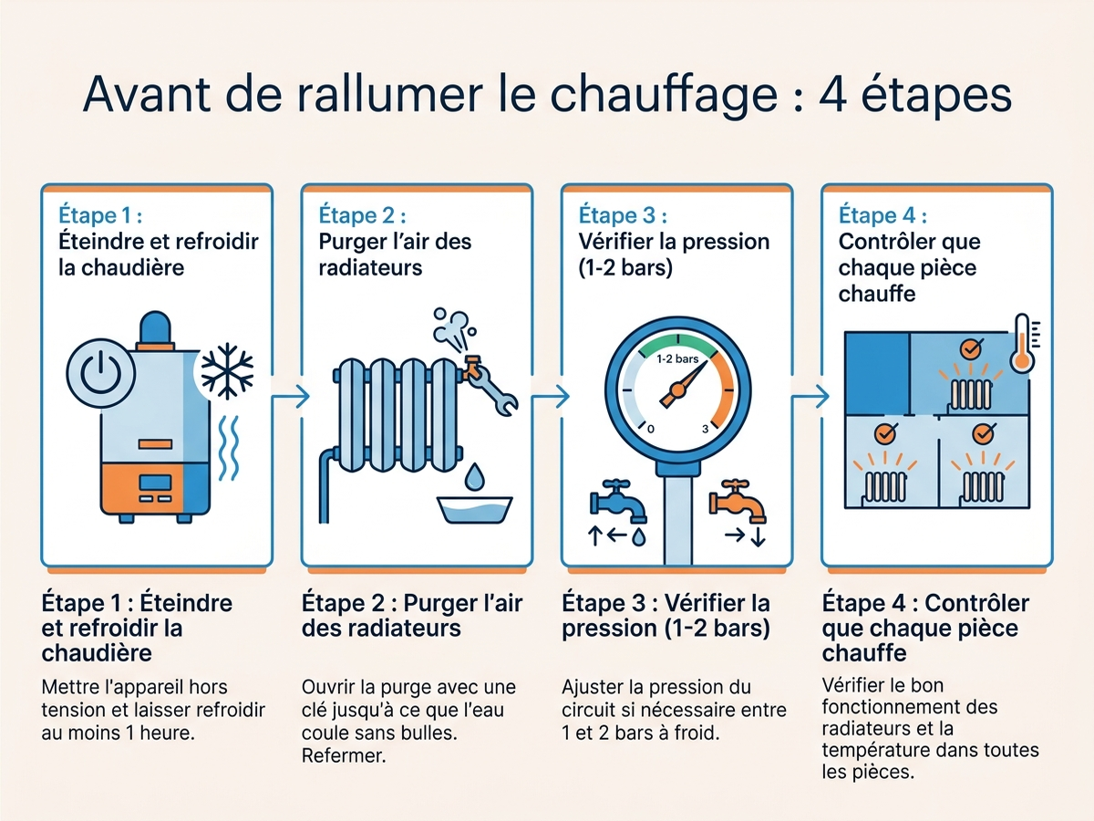 Diagnostic en 4 étapes avant la remise en route du chauffage : purge, pression, thermostat, contrôle