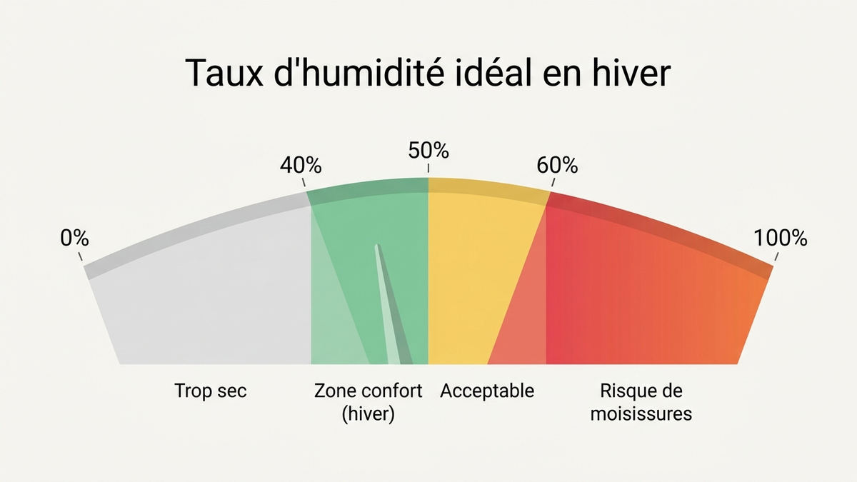 Jauge du taux d'humidité idéal en hiver : zone confort 40-50 %, zone à risque au-delà de 60 %