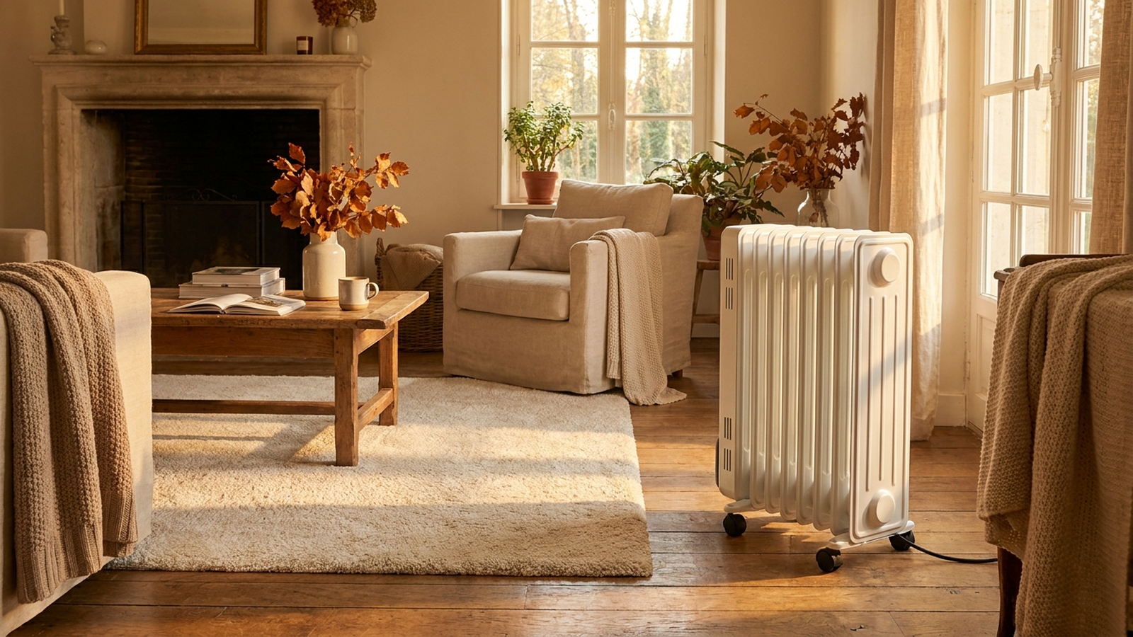 Radiateur électrique blanc moderne dans un salon lumineux en fin d'après-midi d'automne