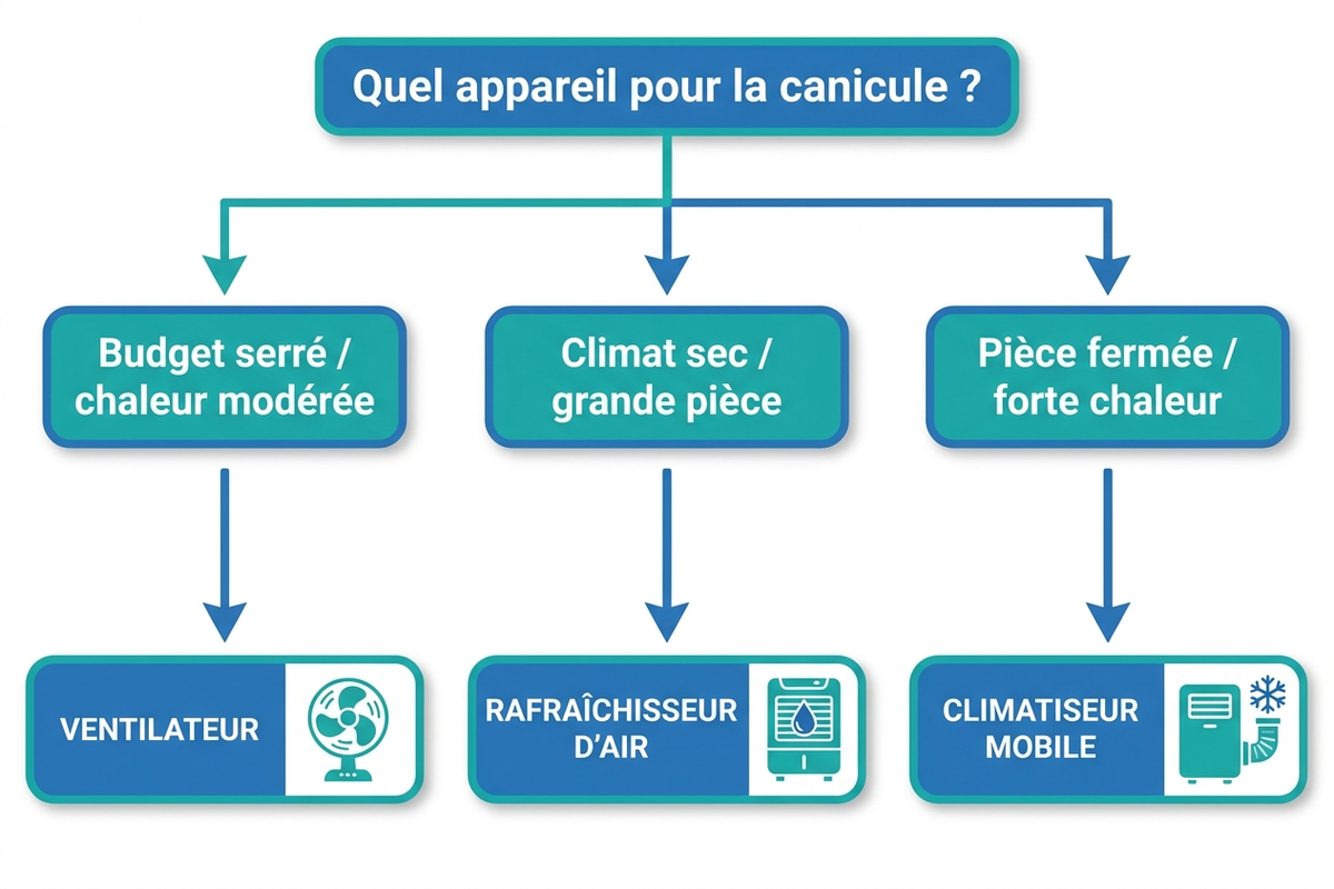 Arbre de décision pour choisir entre ventilateur, rafraîchisseur et climatiseur