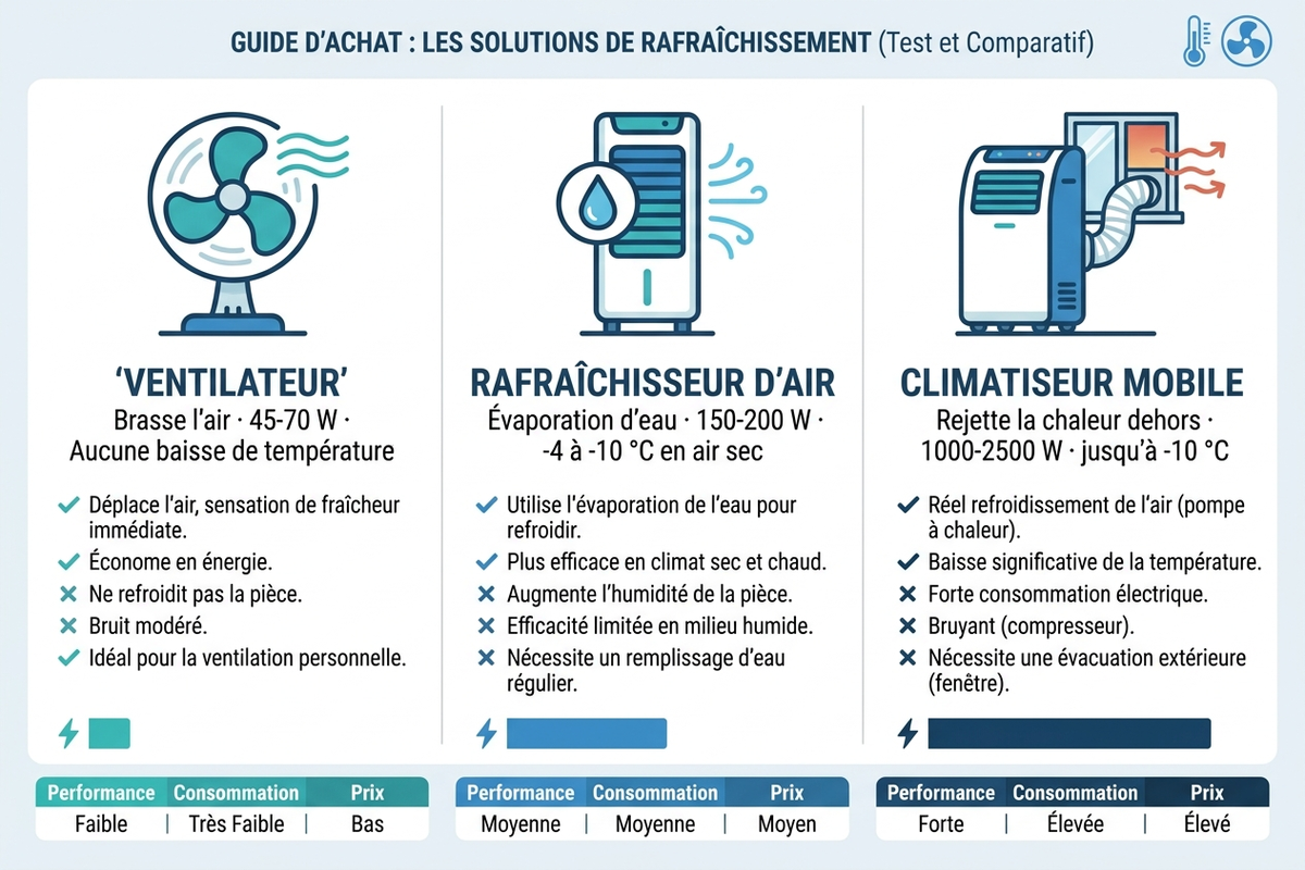 Comparaison des trois technologies de rafraîchissement : ventilateur, rafraîchisseur d'air, climatiseur mobile