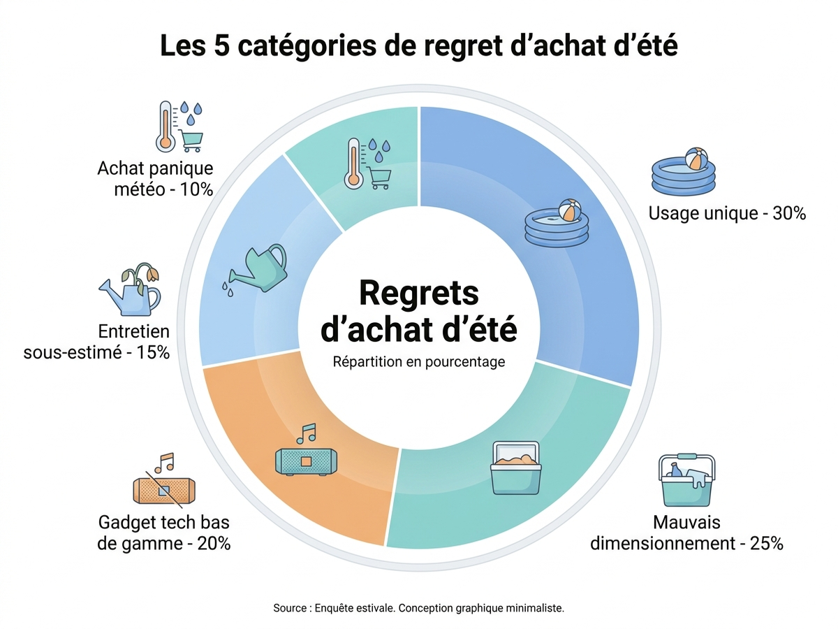 Infographie en français présentant les 5 catégories de regret d'achat d'été identifiées par l'IA Arekore : usage unique, mauvais dimensionnement, gadget tech bas de gamme, entretien sous-estimé, achat panique météo, avec pourcentages estimés