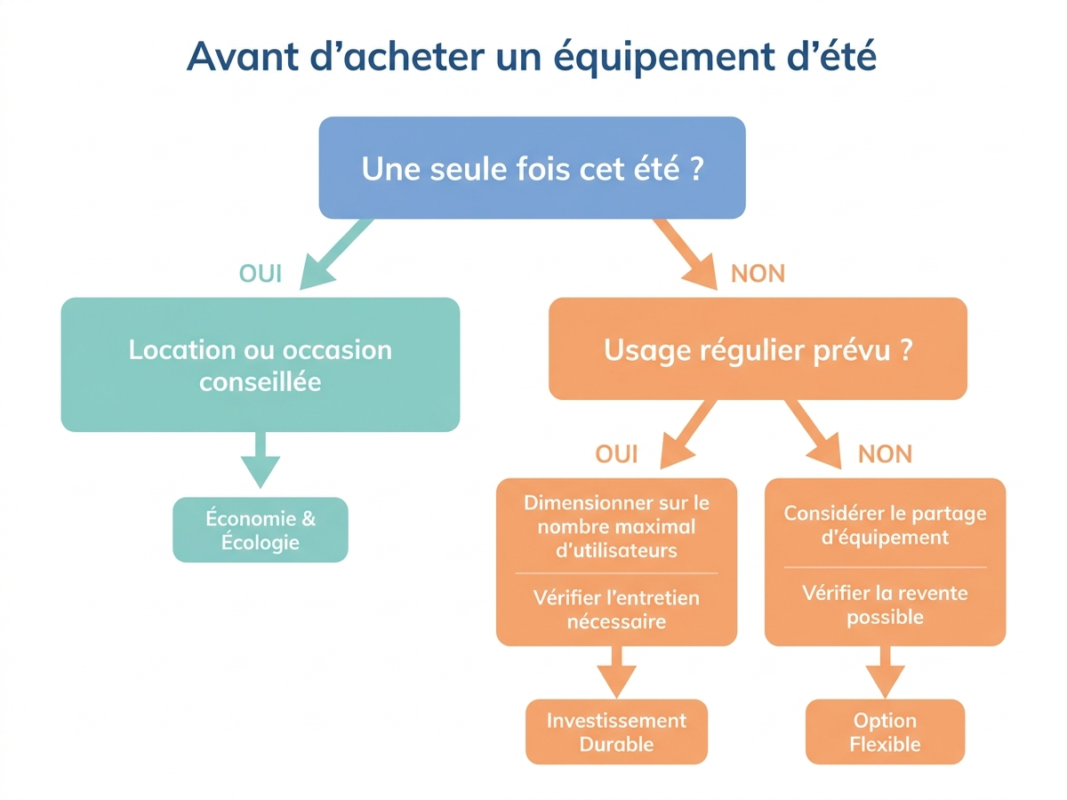 Arbre de décision en français avant un achat d'équipement d'été, selon la fréquence d'usage prévue et le budget disponible
