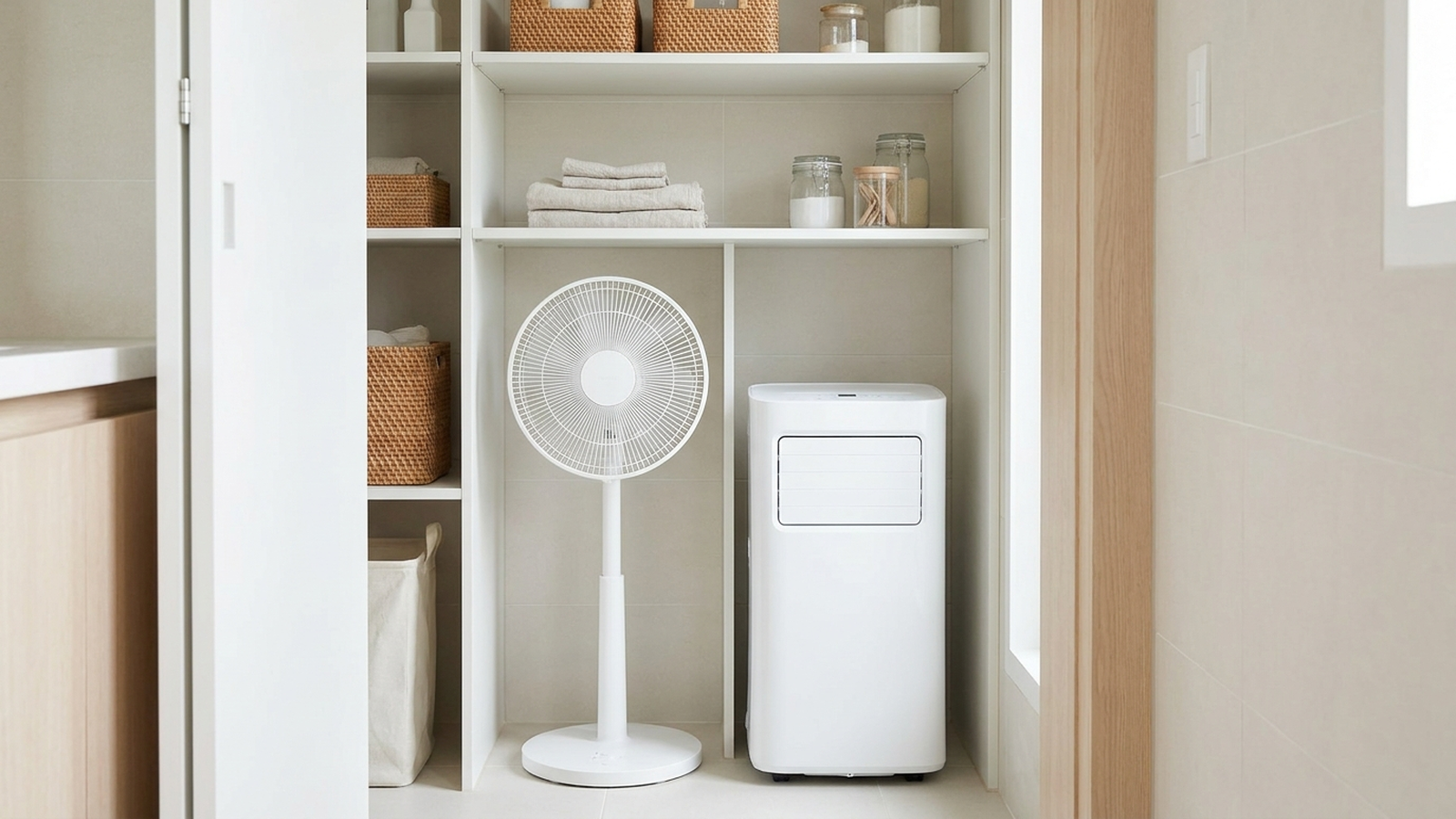 Ventilateur sur pied et climatiseur mobile rangés proprement dans un placard en fin d'été