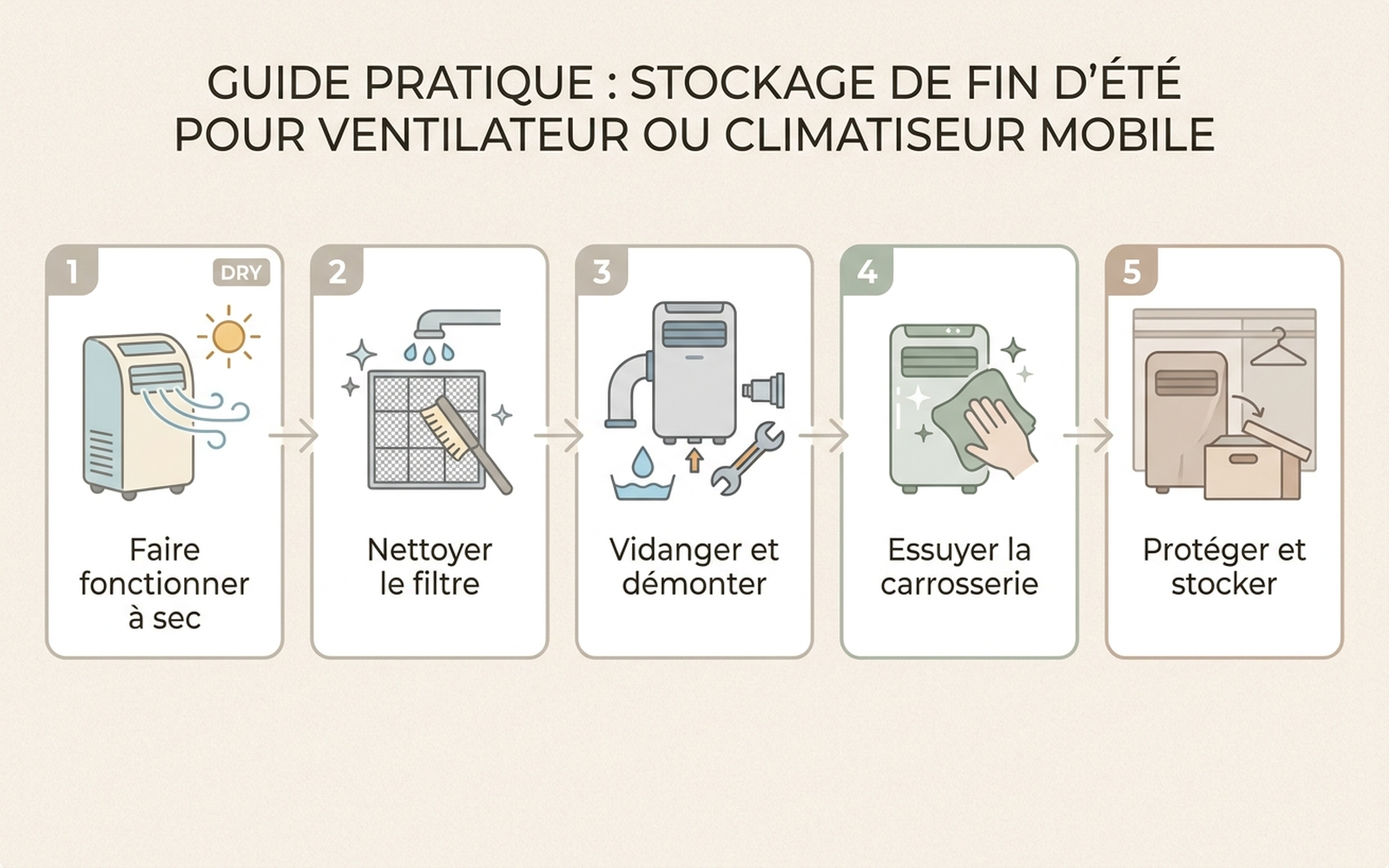 Schéma des étapes pour ranger un climatiseur mobile et un ventilateur en fin de saison