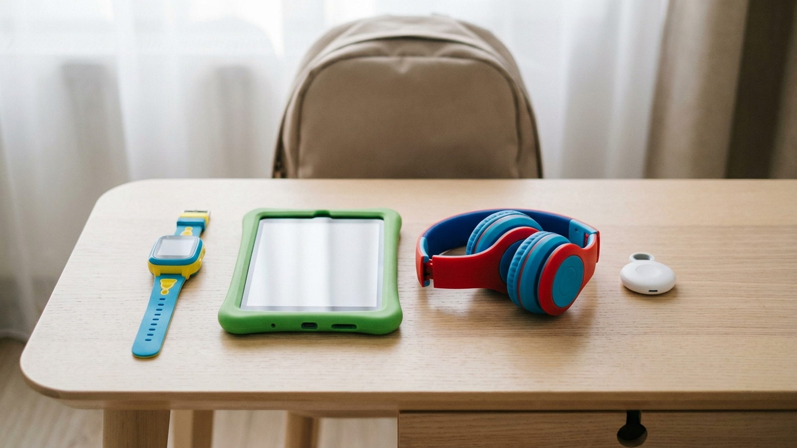 Table en bois clair vue de dessus avec une montre GPS enfant, une tablette éducative, un casque audio pliable et un petit traceur Bluetooth disposés côte à côte, cartable neutre en arrière-plan, aucune personne, aucun texte visible