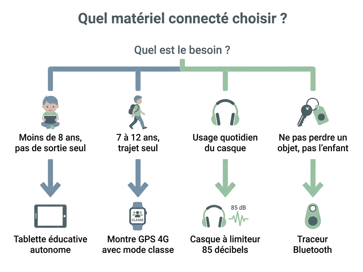 Arbre de décision en français pour choisir un matériel connecté enfant selon l'âge et le besoin : moins de 8 ans et pas de sortie seul → tablette éducative autonome, 7 à 12 ans et besoin d'être joint → montre GPS 4G avec mode classe, tout âge et usage du casque → limiteur de volume 85 décibels, objet à ne pas perdre plutôt que l'enfant → traceur Bluetooth