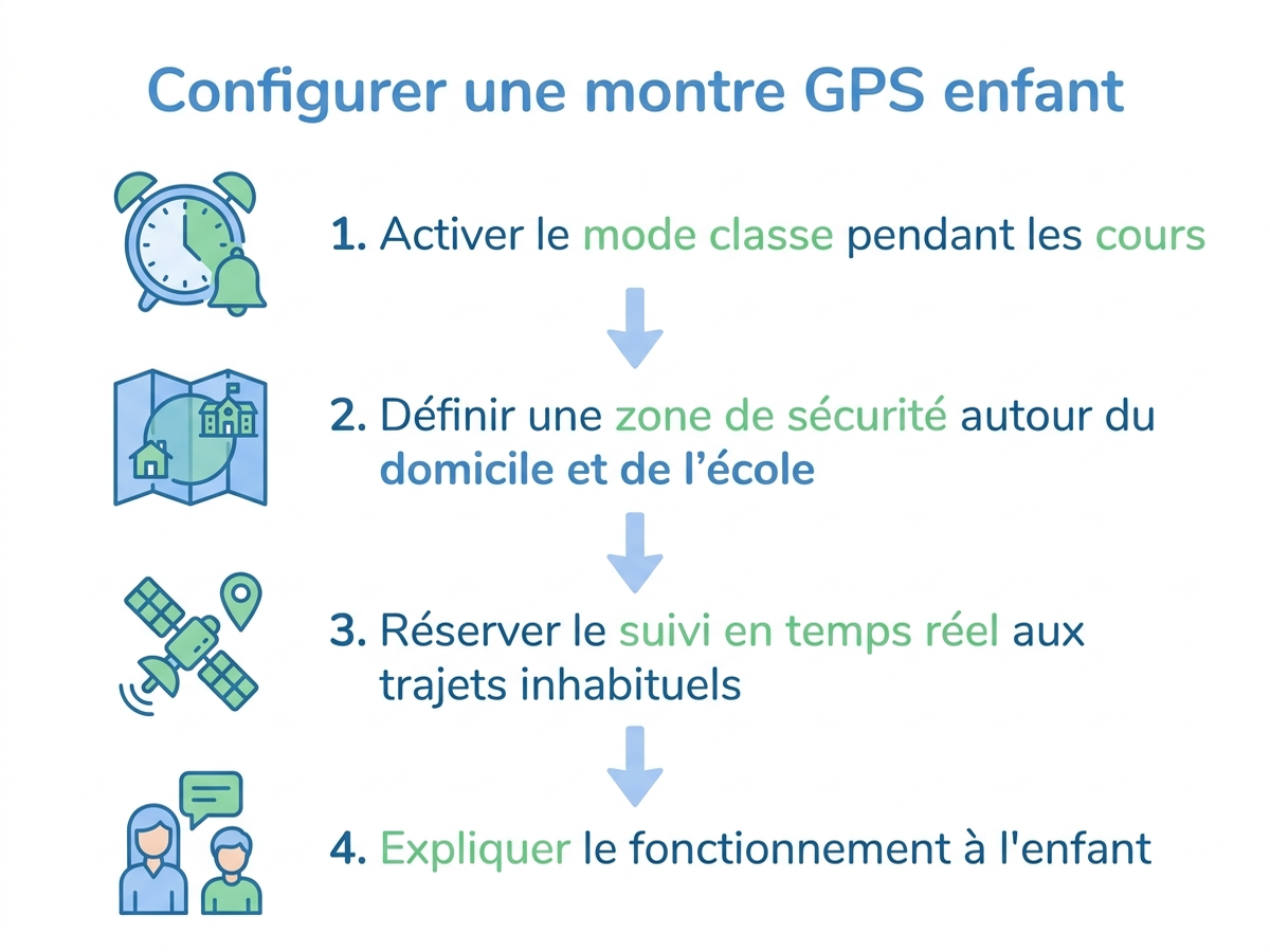 Schéma en français en 4 étapes pour configurer une montre GPS enfant : étape 1 activer le mode classe pendant les horaires scolaires, étape 2 définir une zone de sécurité geofencing autour du domicile et de l'école, étape 3 limiter la géolocalisation en temps réel aux trajets inhabituels, étape 4 expliquer le fonctionnement à l'enfant et obtenir son accord