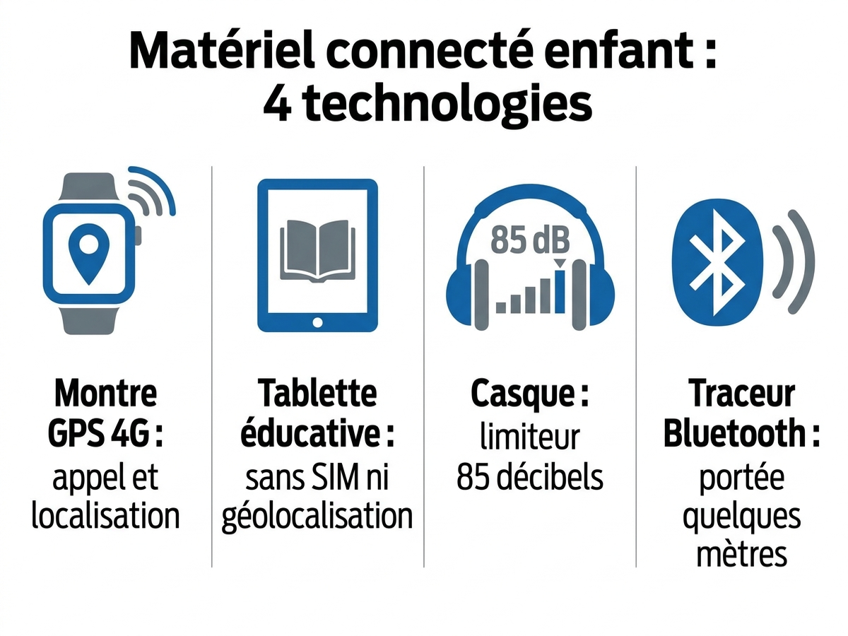 Infographie en français comparant quatre catégories de matériel connecté enfant : montre GPS 4G avec icône appel et localisation, tablette éducative autonome avec icône livre, casque avec icône limiteur de volume 85 décibels, traceur Bluetooth avec icône portée courte quelques dizaines de mètres