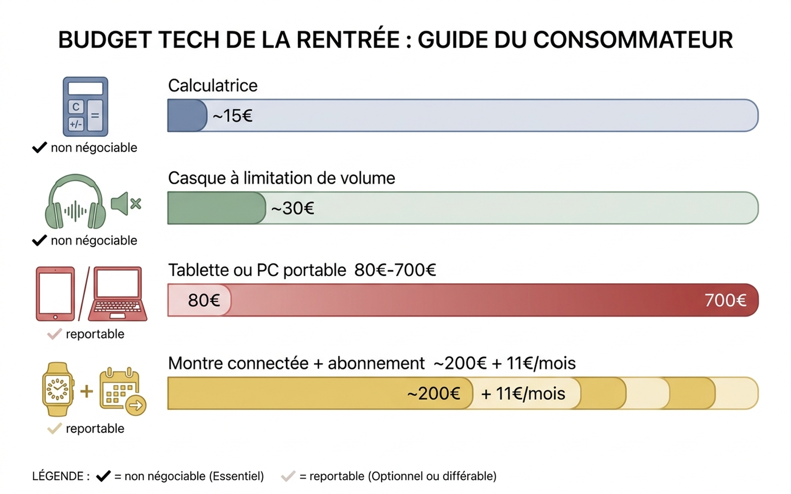 Répartition indicative du budget tech de rentrée en français : calculatrice environ 15 €, casque à limitation de volume environ 30 €, tablette ou PC portable entre 80 et 700 € selon le niveau scolaire, montre connectée avec abonnement environ 200 € plus 11 € par mois — postes classés du non négociable au reportable