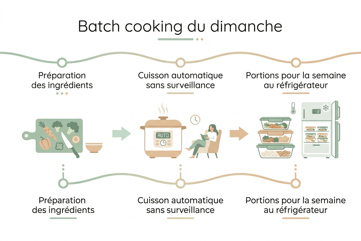 Schéma d'un batch cooking du dimanche avec robot cuiseur : préparation en une session pour toute la semaine