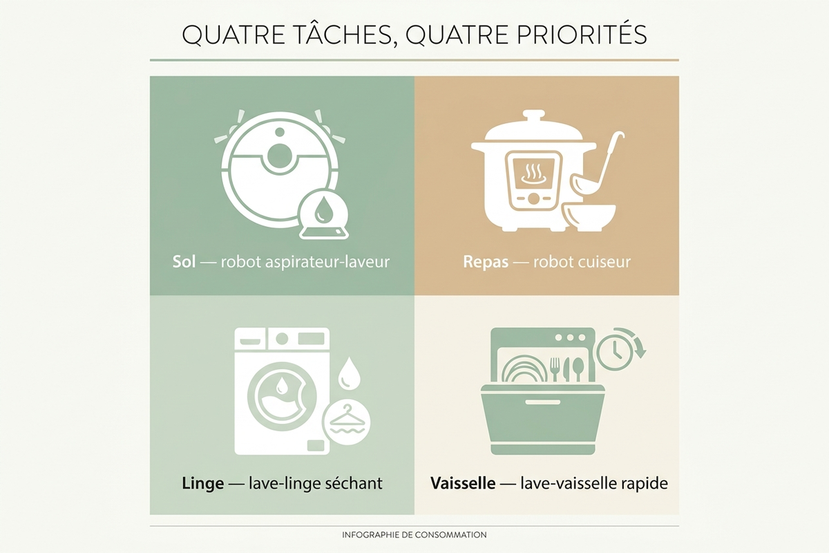 Infographie : les quatre tâches domestiques qui pèsent le plus après une reprise d'activité et l'équipement qui les automatise