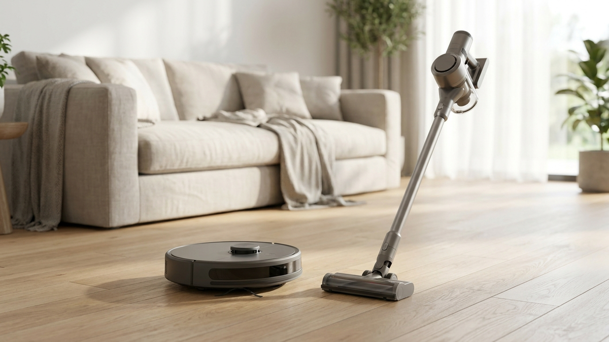 Aspirateur robot et aspirateur balai sans fil posés côte à côte sur un parquet clair dans un salon lumineux