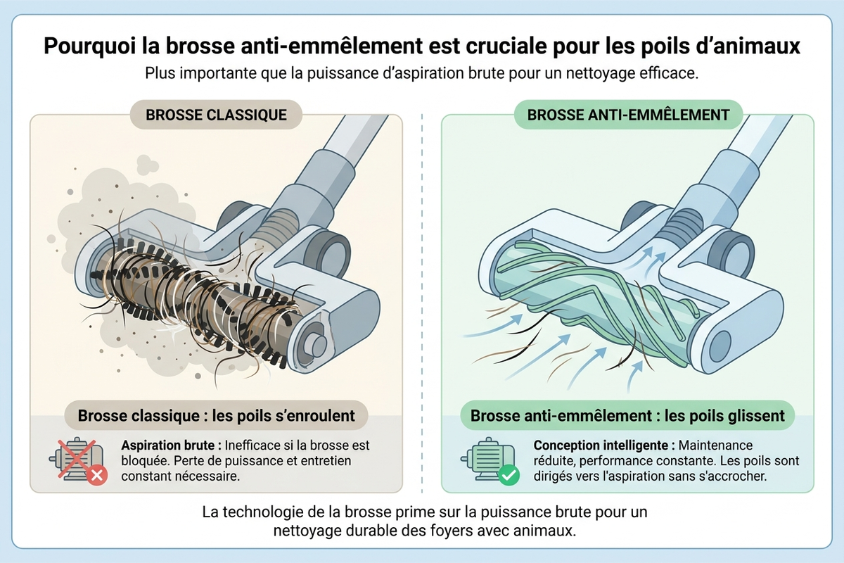 Guide illustré expliquant pourquoi la brosse anti-emmêlement compte plus que la puissance d'aspiration pour les poils d'animaux