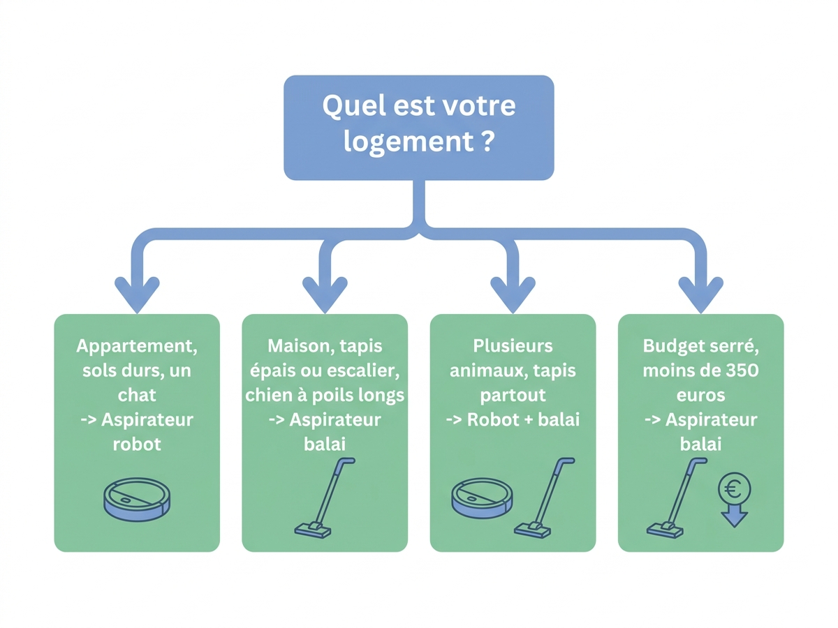 Arbre de décision pour choisir entre aspirateur robot et aspirateur balai selon le type de logement et d'animal