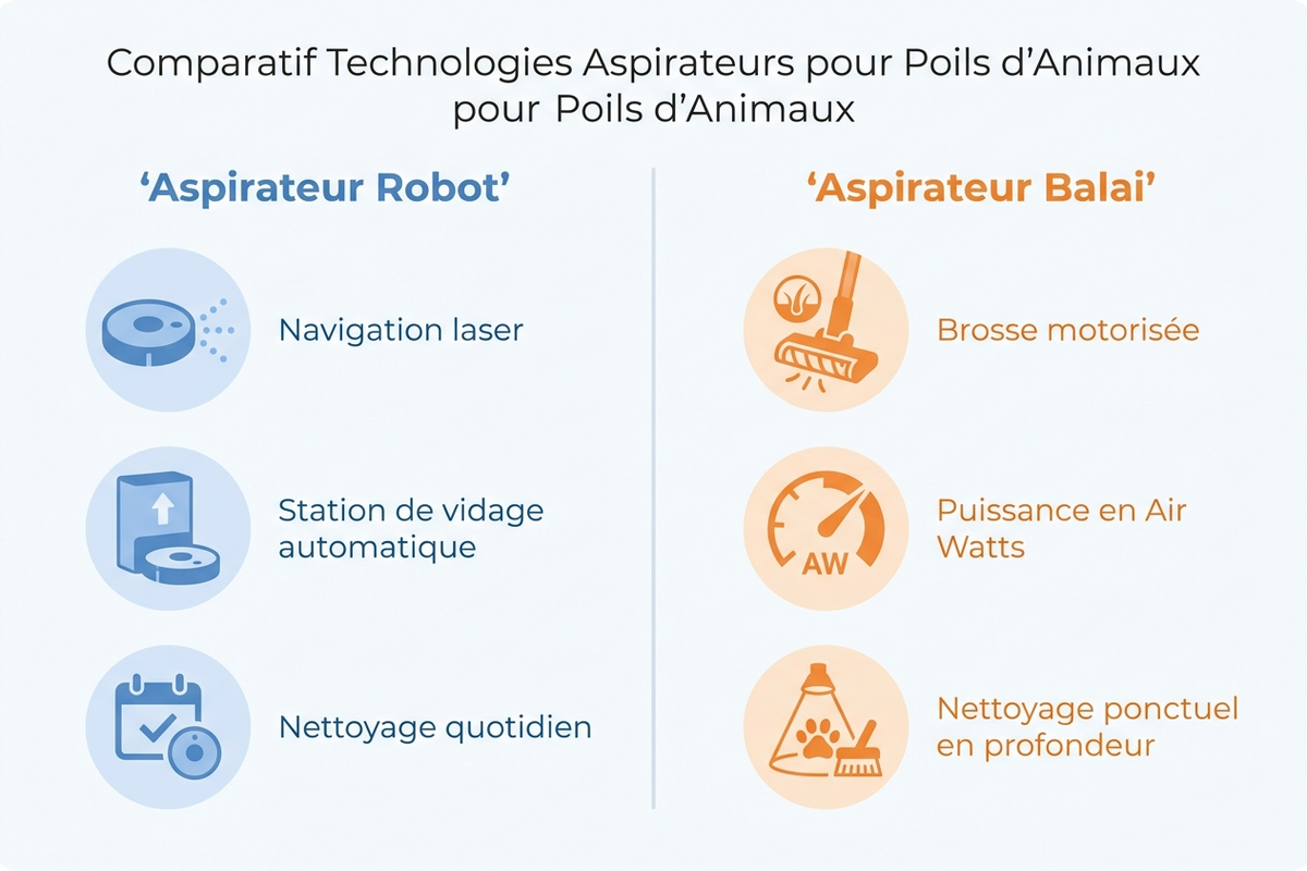 Infographie comparant les technologies d'aspiration robot et balai pour les poils d'animaux